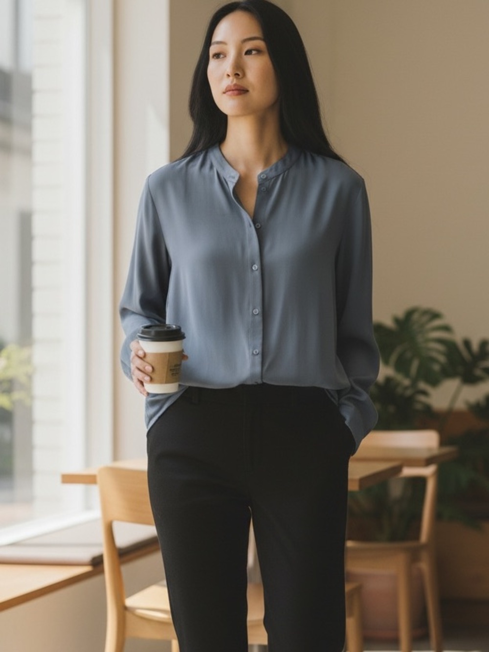 Eileen Fisher Silk Georgette Crepe Mandarin Collar Boxy  Large Graphite  NWT